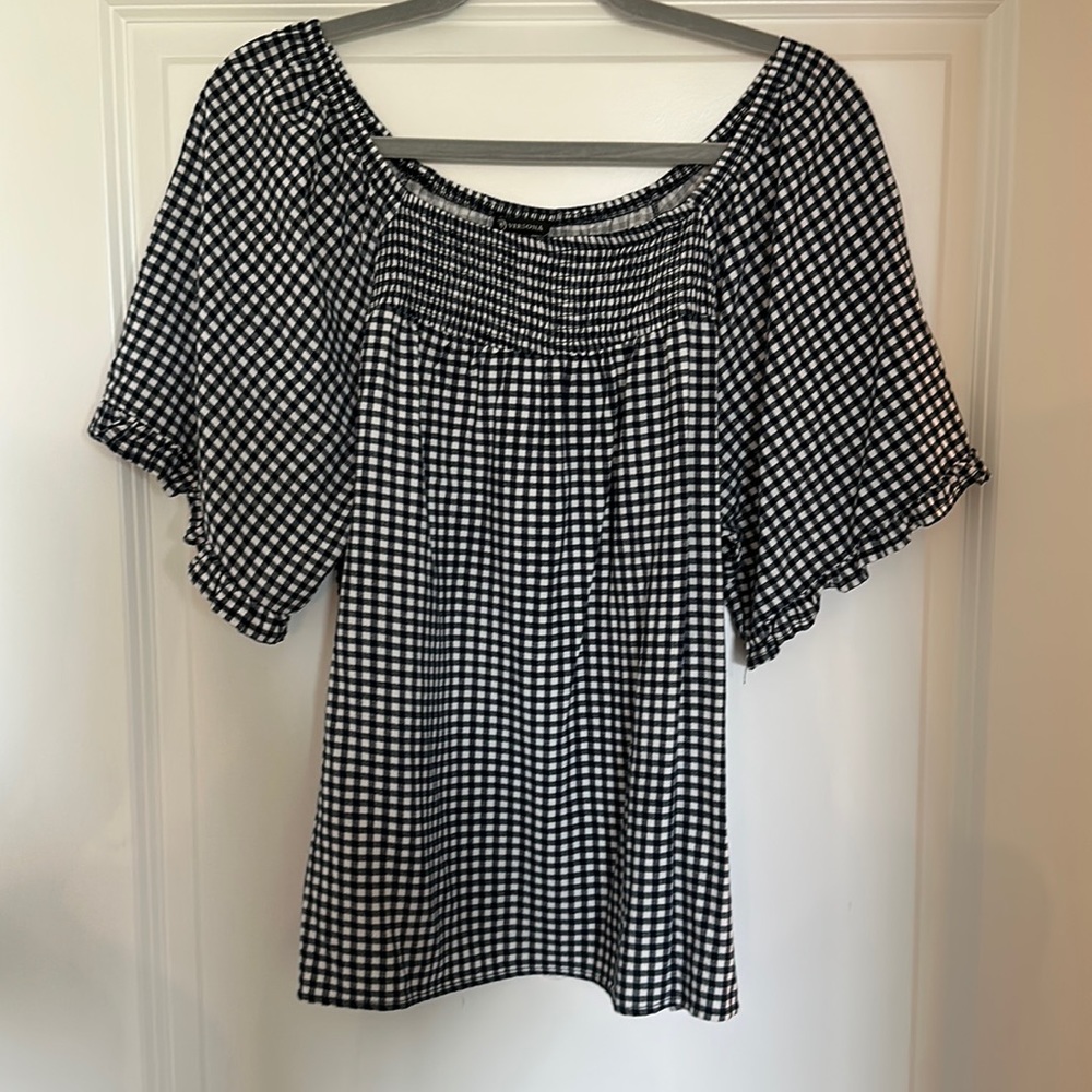 Women’s Versona Navy Gingham wide ruffled sleeve top